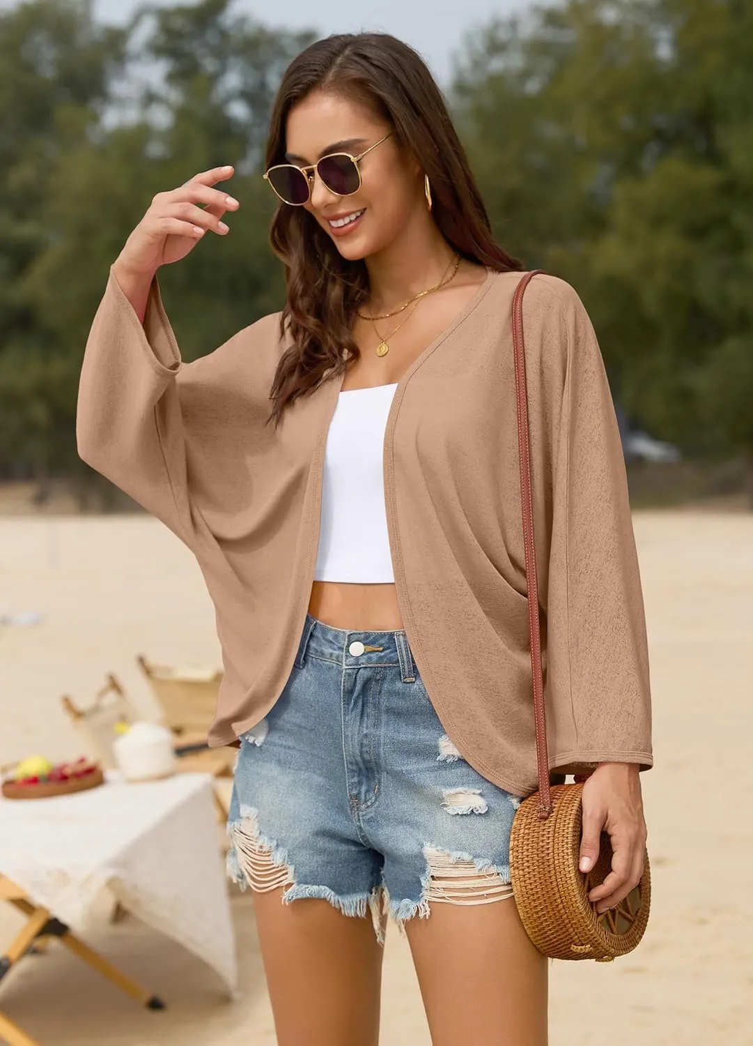 Iandroiy Womens Open Front 3/4 Sleeve Batwing Cardigan Lightweight Summer Kimono Cover Ups