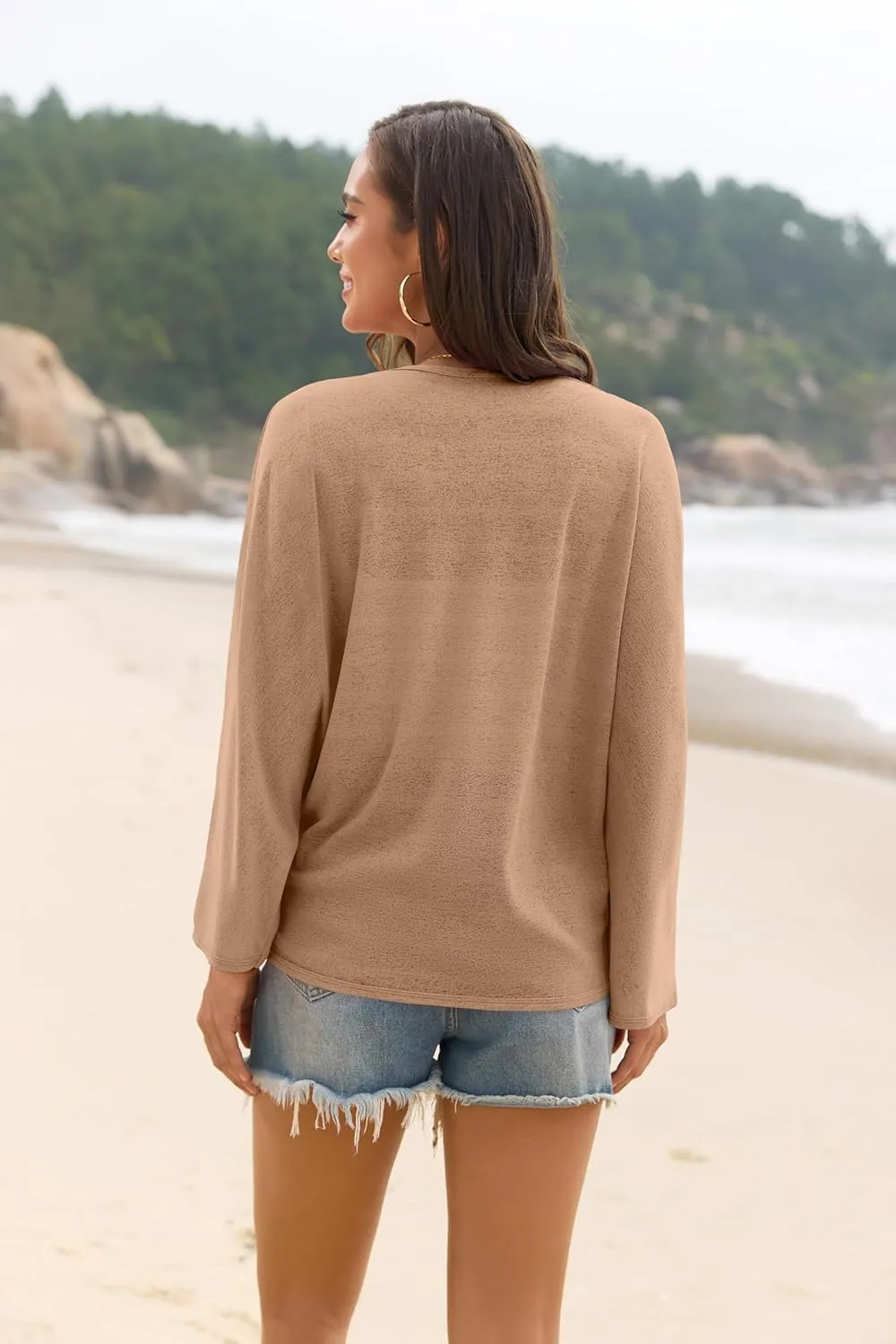 Iandroiy Womens Open Front 3/4 Sleeve Batwing Cardigan Lightweight Summer Kimono Cover Ups