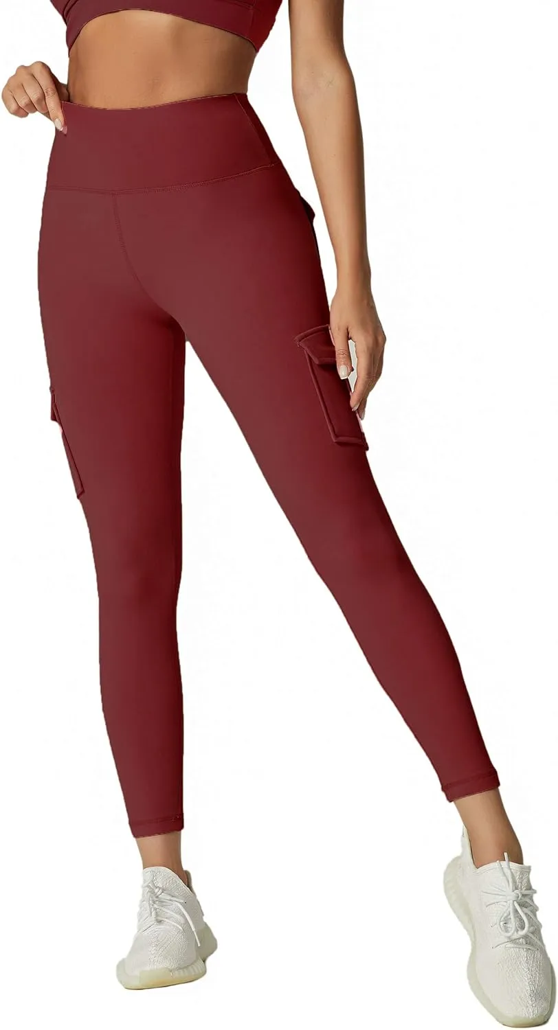 JEGGE High Waist Yoga Leggings with 4 Pockets,Tummy Control Workout Running 4 Way Stretch Cargo Pocket Leggings