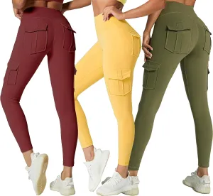 JEGGE High Waist Yoga Leggings with 4 Pockets,Tummy Control Workout Running 4 Way Stretch Cargo Pocket Leggings