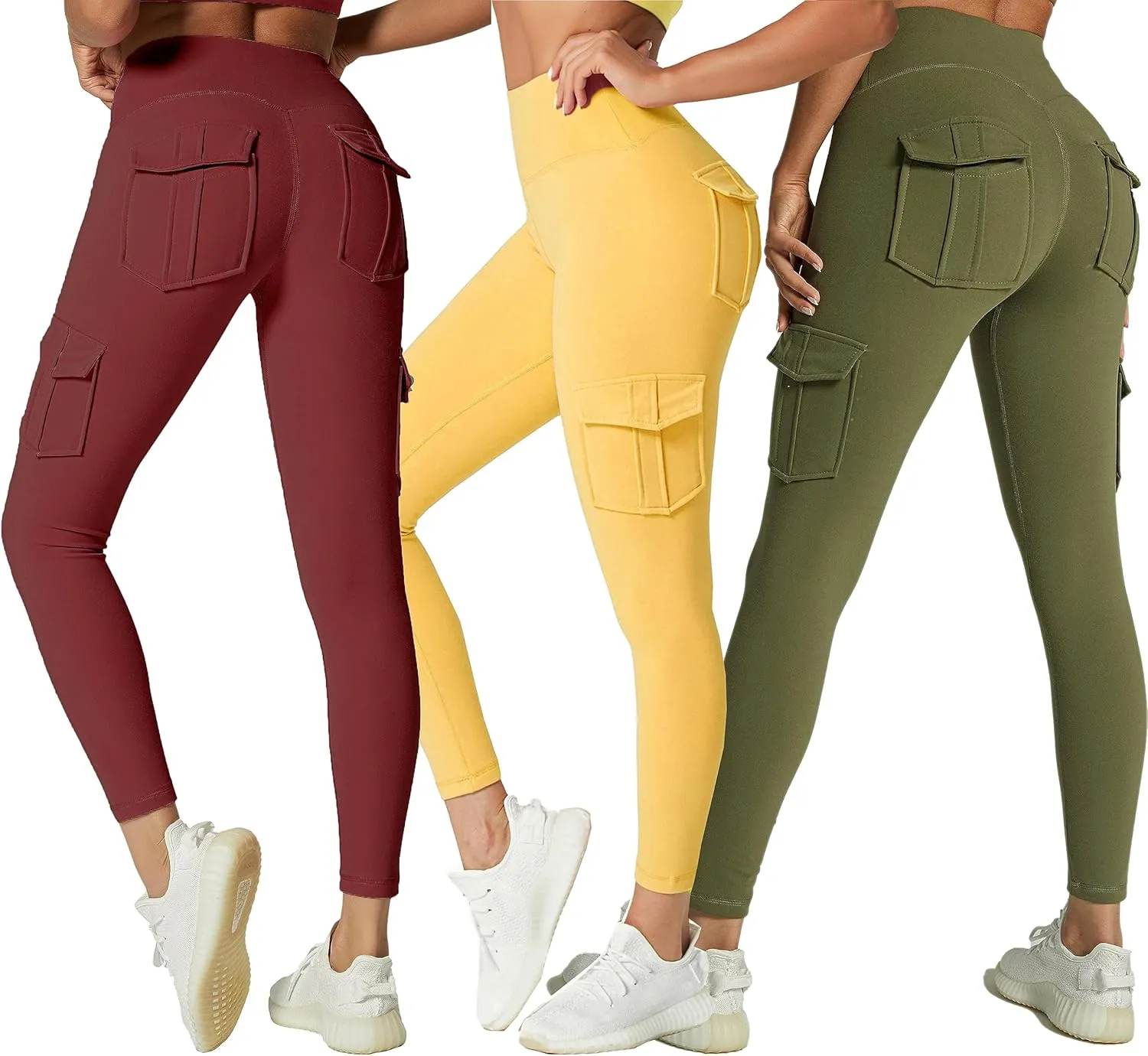 JEGGE High Waist Yoga Leggings with 4 Pockets,Tummy Control Workout Running 4 Way Stretch Cargo Pocket Leggings