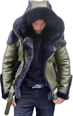 JEsilunmaMY Men's Fur Hoodie Sherpa Leather Jacket Fleece Lined Belt Warm Winter Coat Heavyweight Thicken Motorcycle Outwear