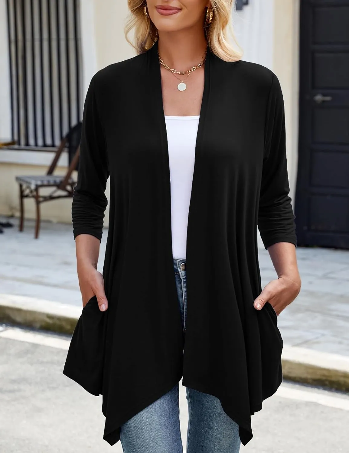 JollieLovin Women 3/4 Sleeve Lightweight Cardigan Plus Size Open Front Draped