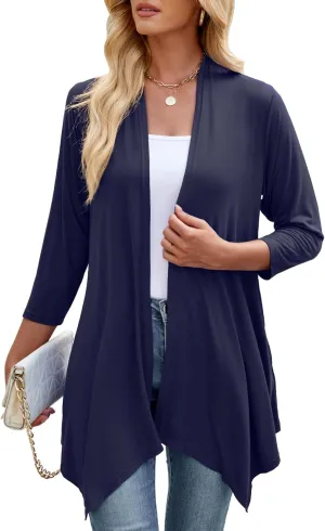 JollieLovin Women 3/4 Sleeve Lightweight Cardigan Plus Size Open Front Draped