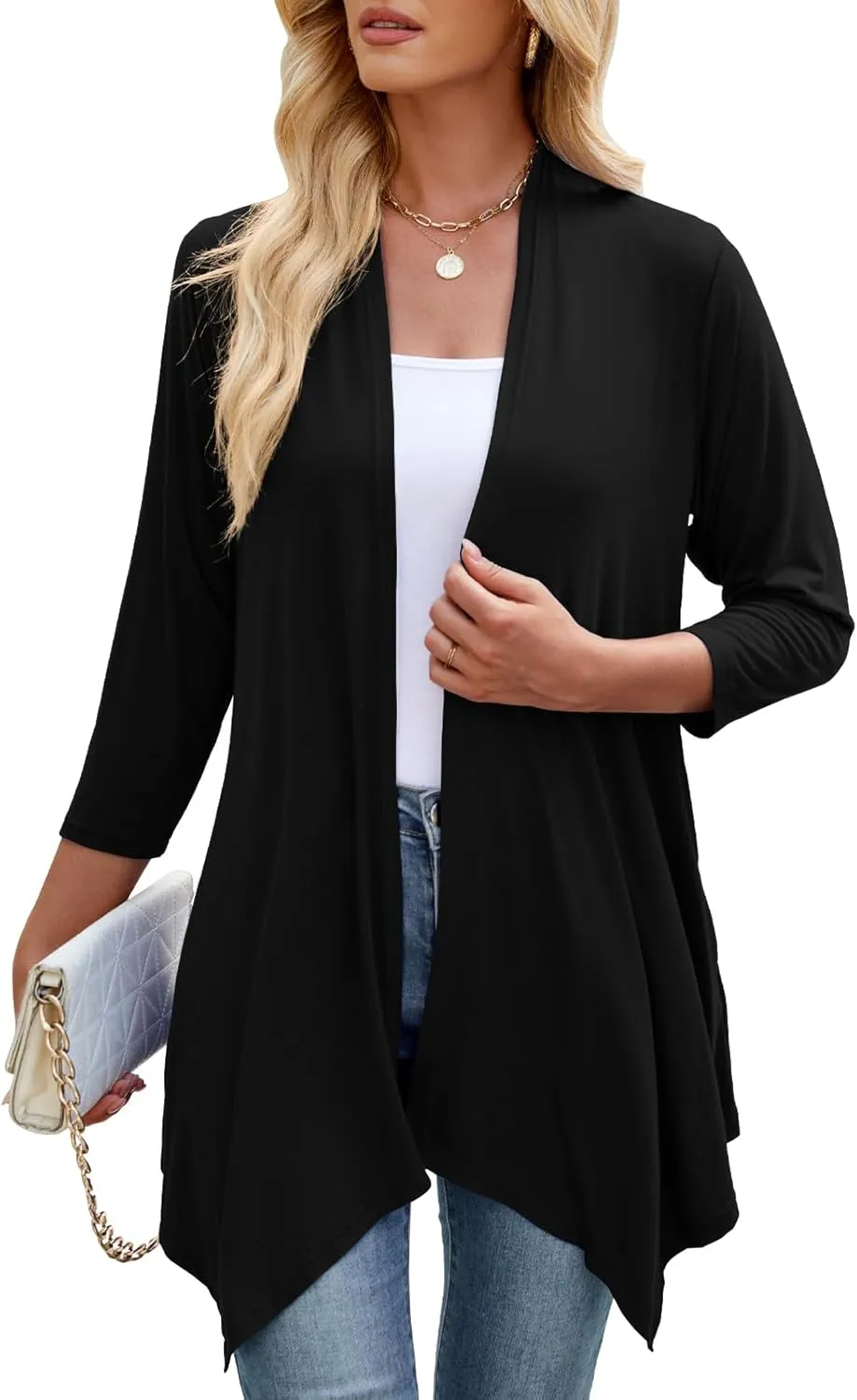 JollieLovin Women 3/4 Sleeve Lightweight Cardigan Plus Size Open Front Draped