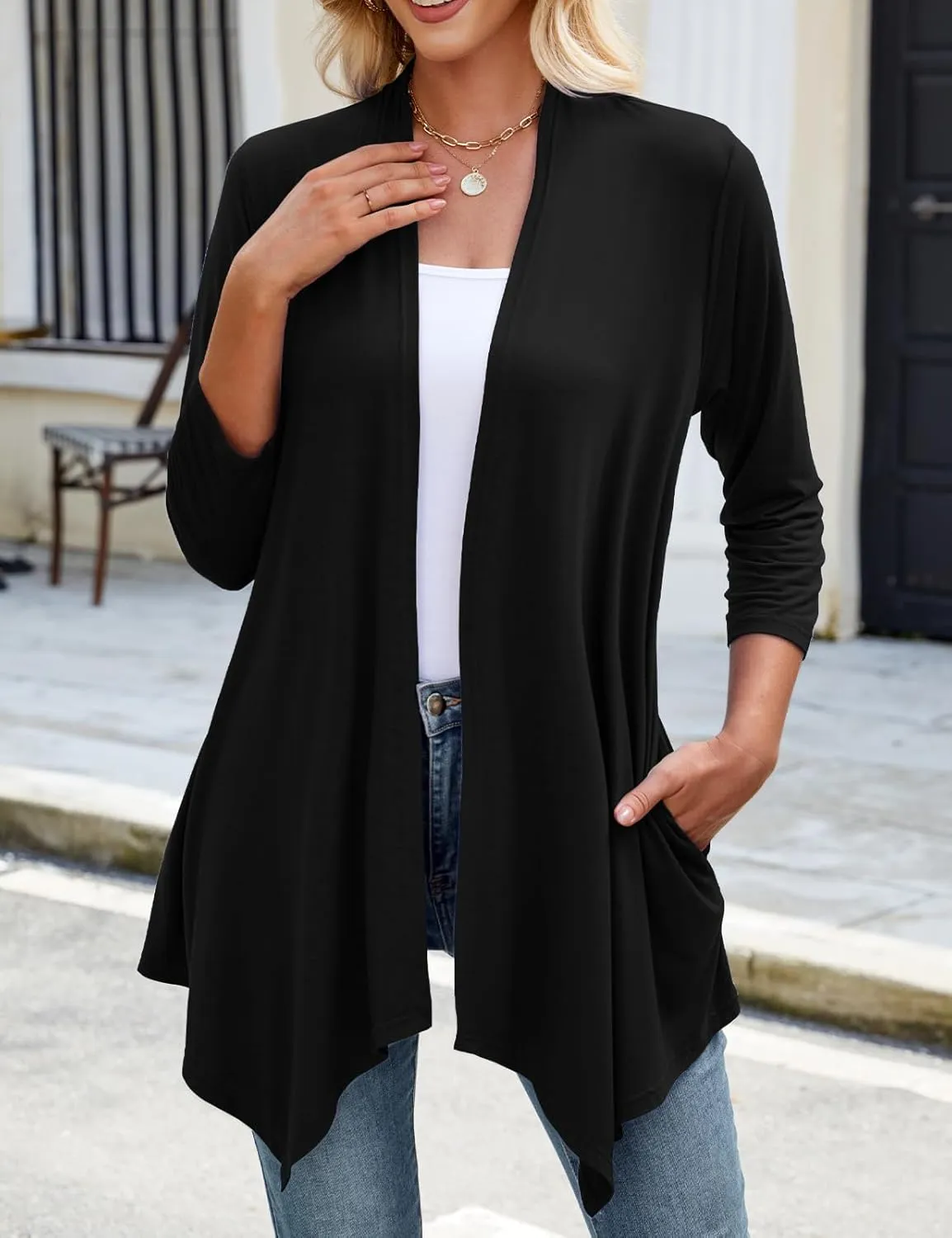 JollieLovin Women 3/4 Sleeve Lightweight Cardigan Plus Size Open Front Draped