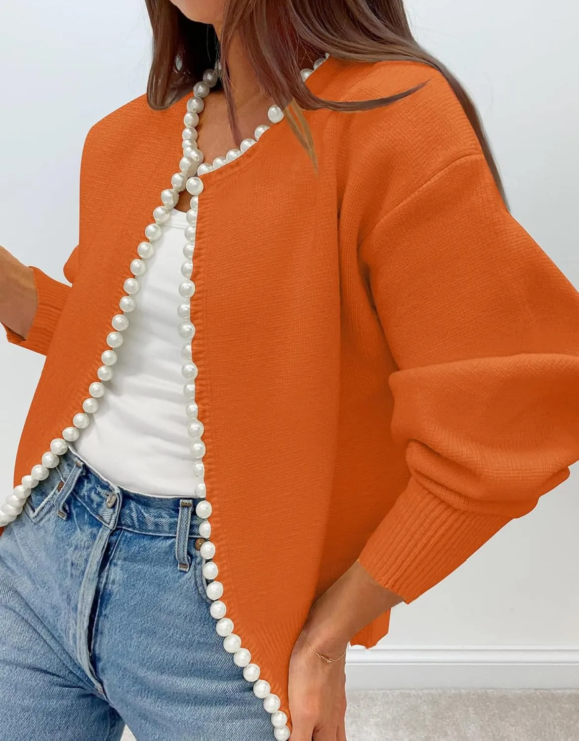 Kedera Womens Casual Pearl Cardigan 2025 Spring Elegant Embellished Long Sleeve Oversized Knit Sweater