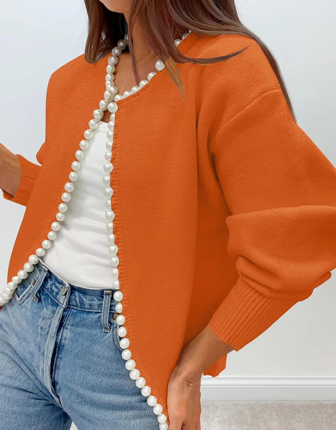 Kedera Womens Casual Pearl Cardigan 2025 Spring Elegant Embellished Long Sleeve Oversized Knit Sweater