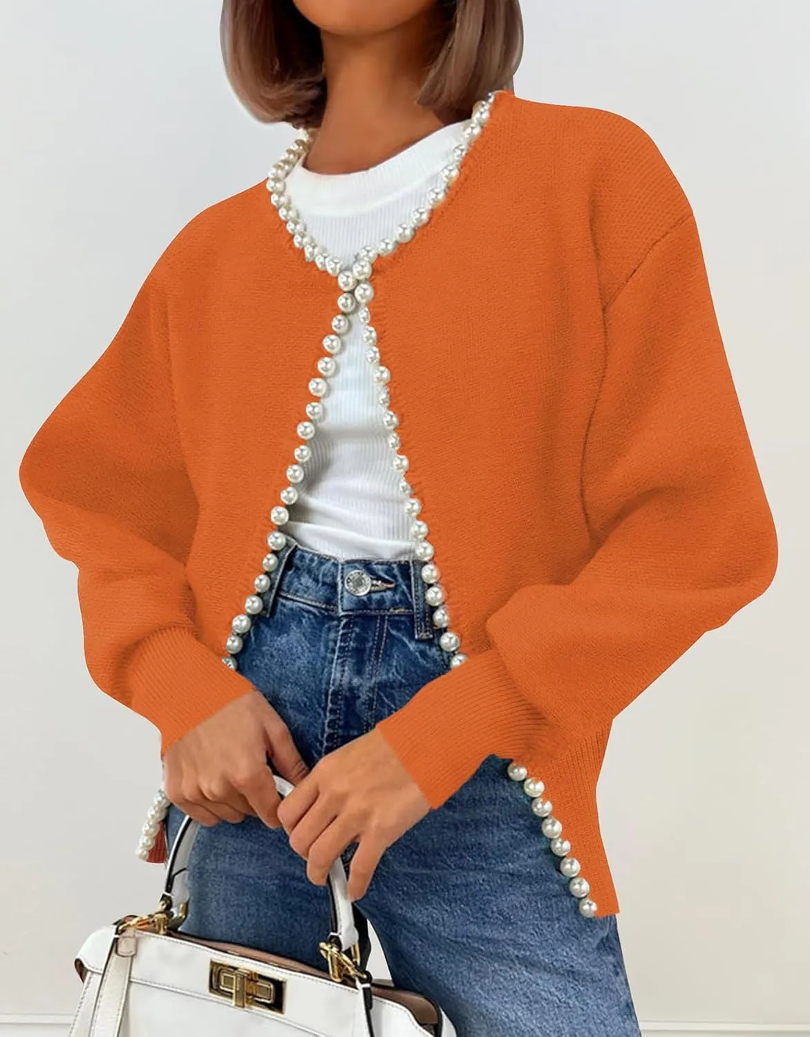 Kedera Womens Casual Pearl Cardigan 2025 Spring Elegant Embellished Long Sleeve Oversized Knit Sweater