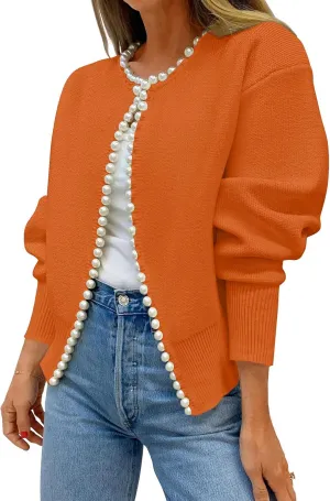 Kedera Womens Casual Pearl Cardigan 2025 Spring Elegant Embellished Long Sleeve Oversized Knit Sweater