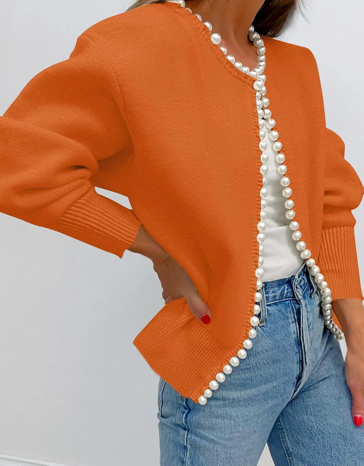 Kedera Womens Casual Pearl Cardigan 2025 Spring Elegant Embellished Long Sleeve Oversized Knit Sweater