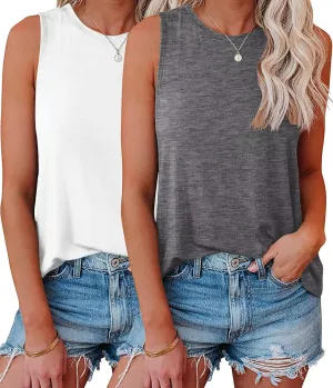 KKJ 2 Pack Womens Tank Tops 2025 Summer Beach Vacation Fashion Outfits Crew Neck Sleeveless Loose Fit Casual Shirts Clothes