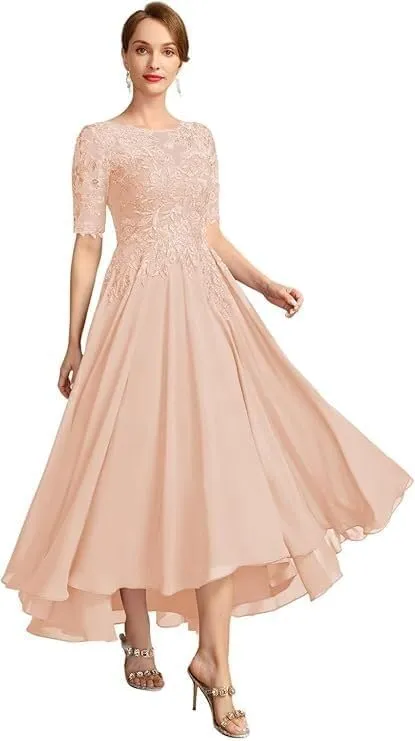 Lace Applique Bridal Gown Tea Length Chiffon A-line Formal Evening Gown