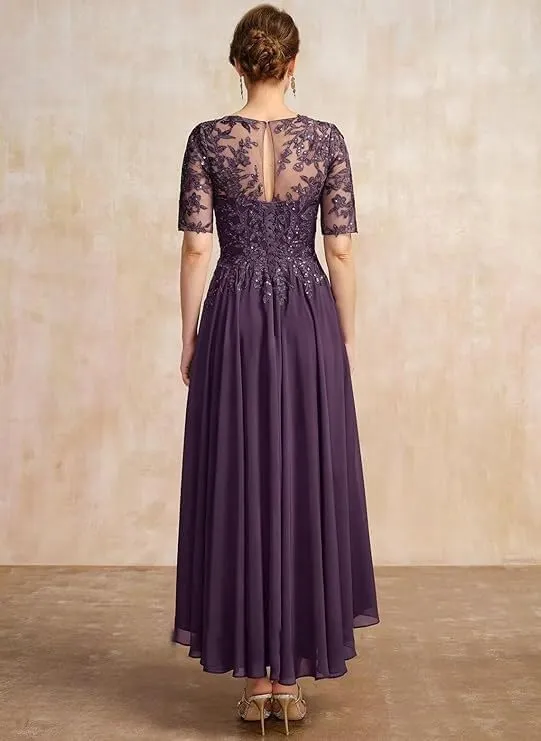 Lace Applique Bridal Gown Tea Length Chiffon A-line Formal Evening Gown