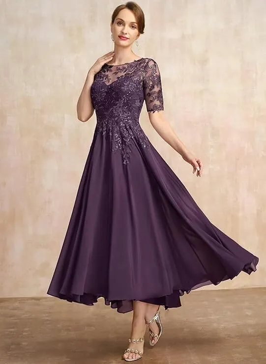Lace Applique Bridal Gown Tea Length Chiffon A-line Formal Evening Gown