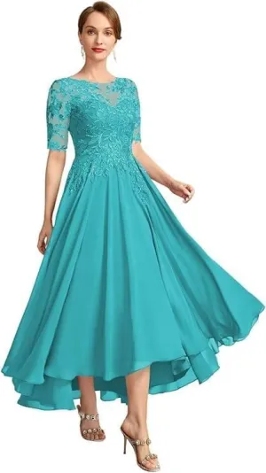 Lace Applique Bridal Gown Tea Length Chiffon A-line Formal Evening Gown