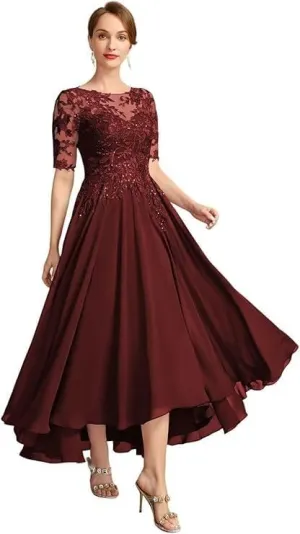 Lace Applique Bridal Gown Tea Length Chiffon A-line Formal Evening Gown