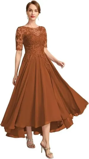 Lace Applique Bridal Gown Tea Length Chiffon A-line Formal Evening Gown