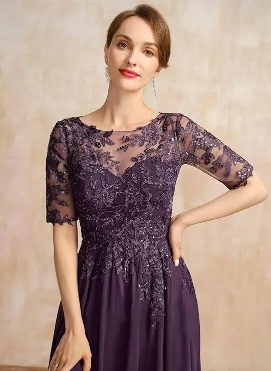 Lace Applique Bridal Gown Tea Length Chiffon A-line Formal Evening Gown