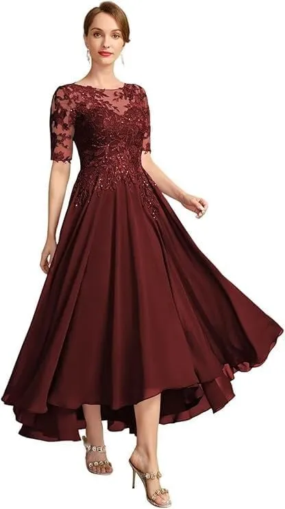Lace Applique Bridal Gown Tea Length Chiffon A-line Formal Evening Gown