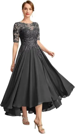 Lace Applique Bridal Gown Tea Length Chiffon A-line Formal Evening Gown