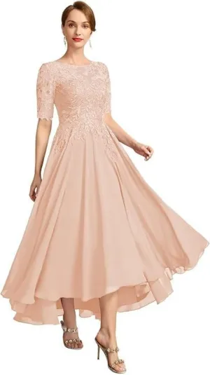 Lace Applique Bridal Gown Tea Length Chiffon A-line Formal Evening Gown
