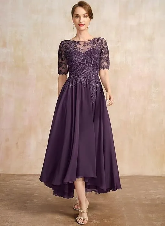 Lace Applique Bridal Gown Tea Length Chiffon A-line Formal Evening Gown