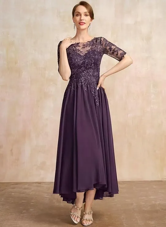 Lace Applique Bridal Gown Tea Length Chiffon A-line Formal Evening Gown