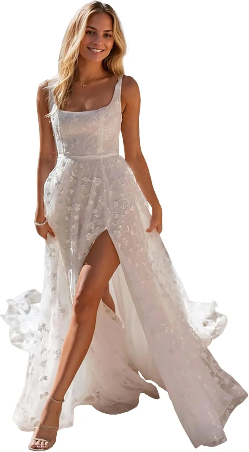 Lace Beach Wedding Dresses for Bride 2025 Long Boho Floral Bridal Wedding Gowns for Women