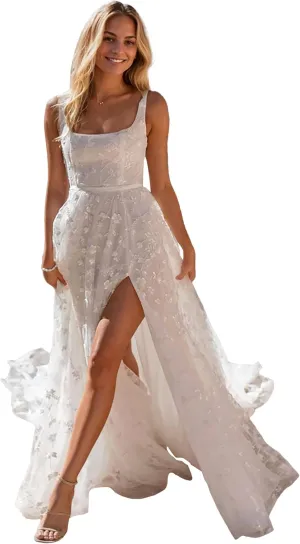 Lace Beach Wedding Dresses for Bride 2025 Long Boho Floral Bridal Wedding Gowns for Women