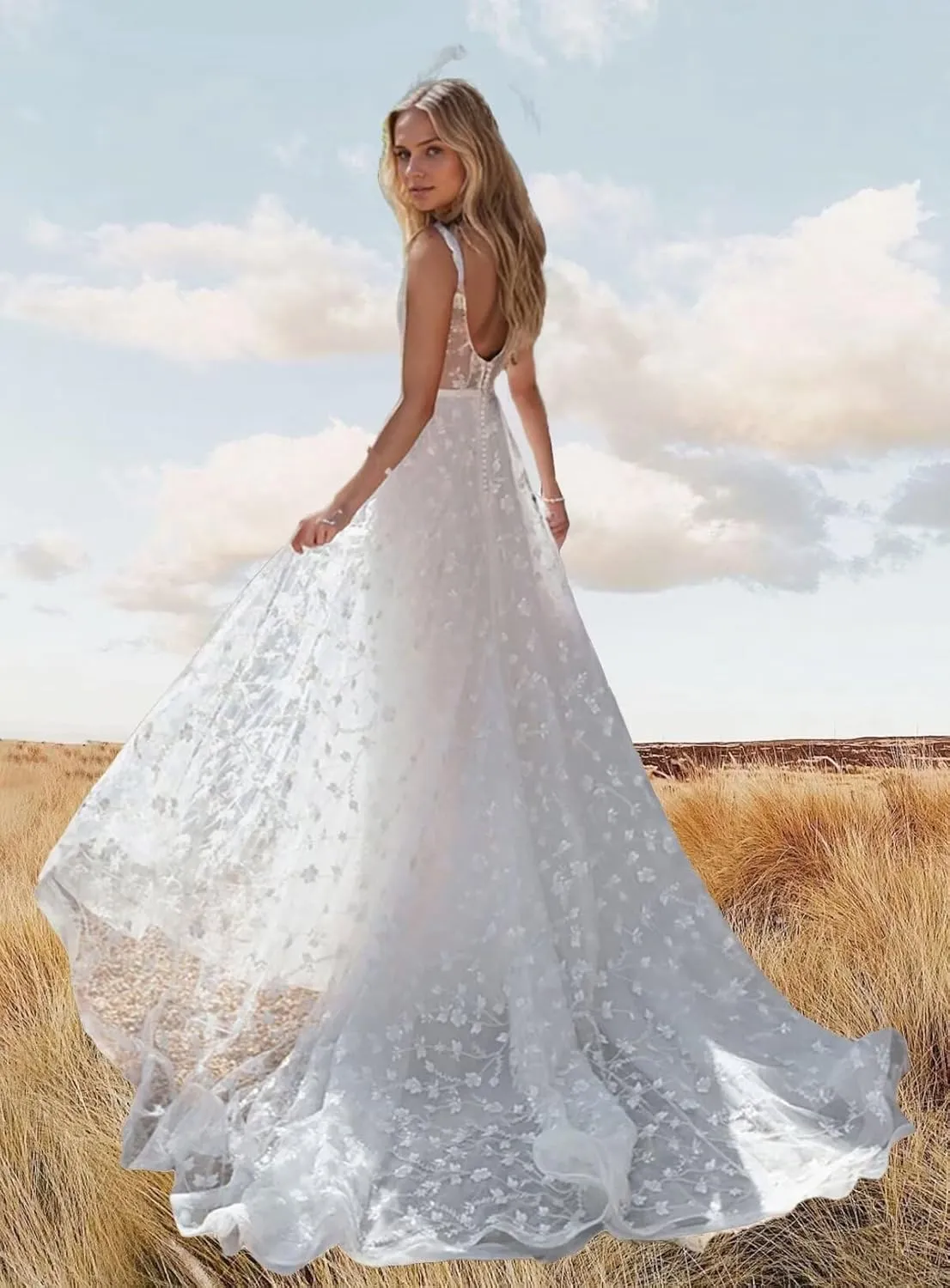 Lace Beach Wedding Dresses for Bride 2025 Long Boho Floral Bridal Wedding Gowns for Women