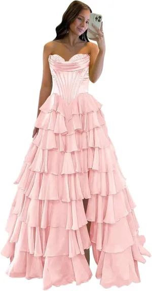 Lace Princess Tiered Prom Dress 2025 Long Ball Gown for Women Sweetheart Chiffon Formal Dresses with Slit