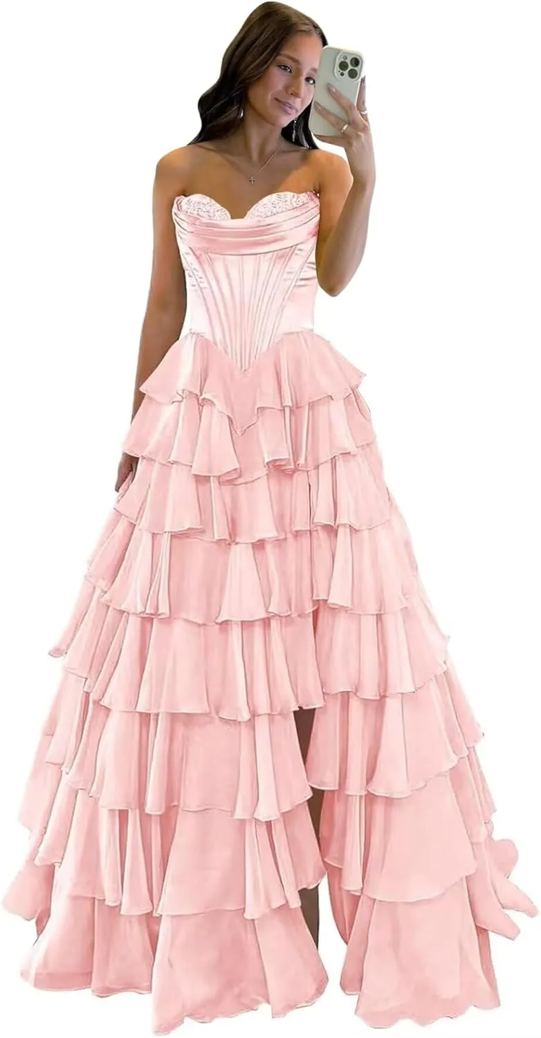 Lace Princess Tiered Prom Dress 2025 Long Ball Gown for Women Sweetheart Chiffon Formal Dresses with Slit