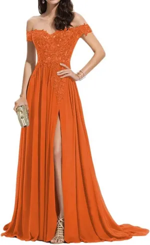 Laces Chiffon Prom Dresses for Women Off Shoulder Long Slit Bridesmiad Formal Evening Party Gown ZS28