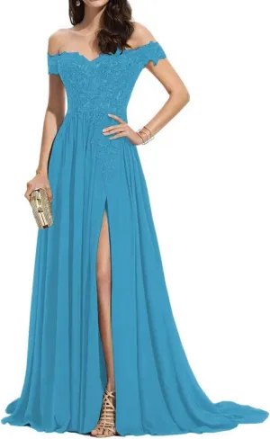 Laces Chiffon Prom Dresses for Women Off Shoulder Long Slit Bridesmiad Formal Evening Party Gown ZS28