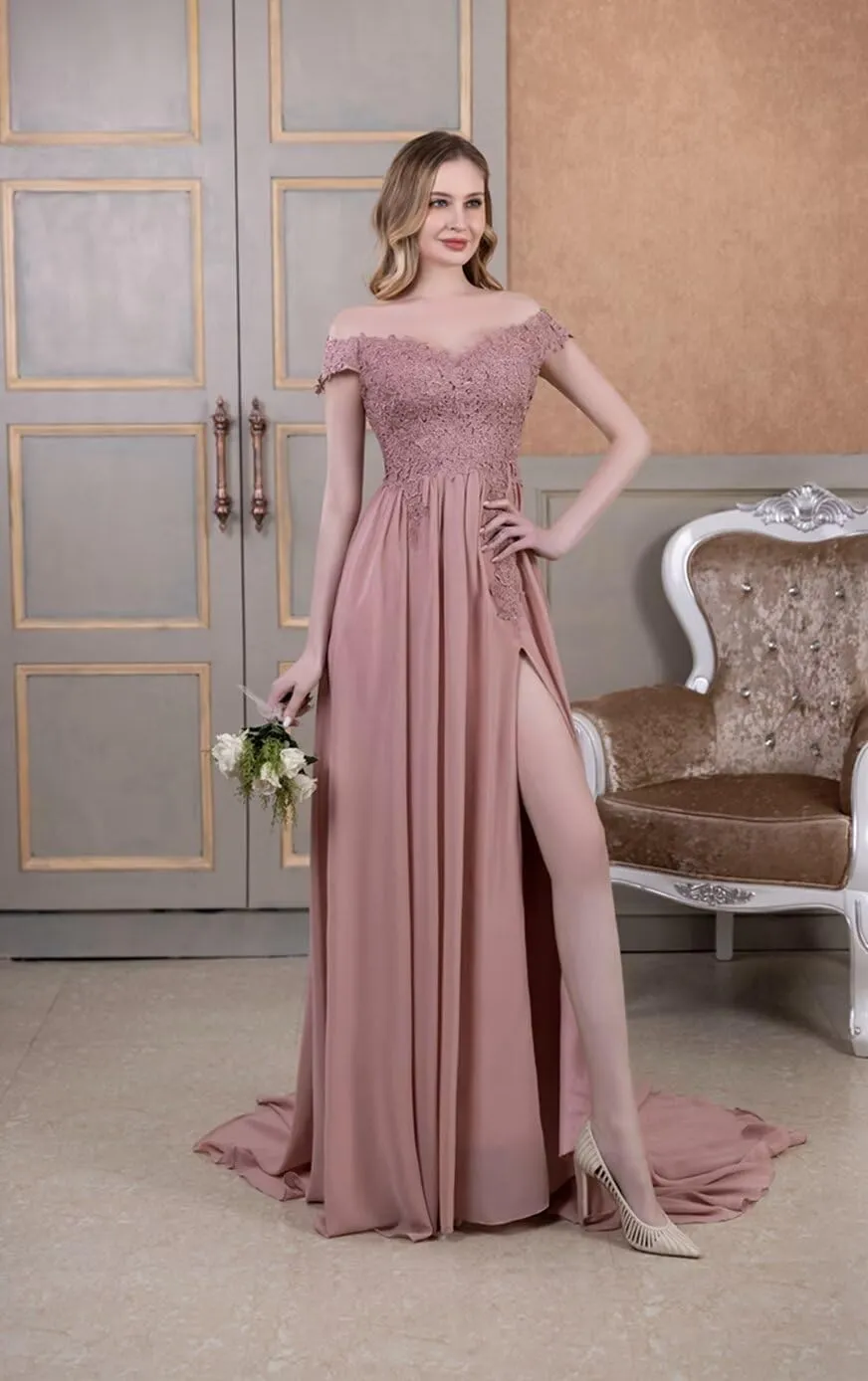 Laces Chiffon Prom Dresses for Women Off Shoulder Long Slit Bridesmiad Formal Evening Party Gown ZS28