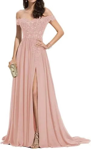Laces Chiffon Prom Dresses for Women Off Shoulder Long Slit Bridesmiad Formal Evening Party Gown ZS28