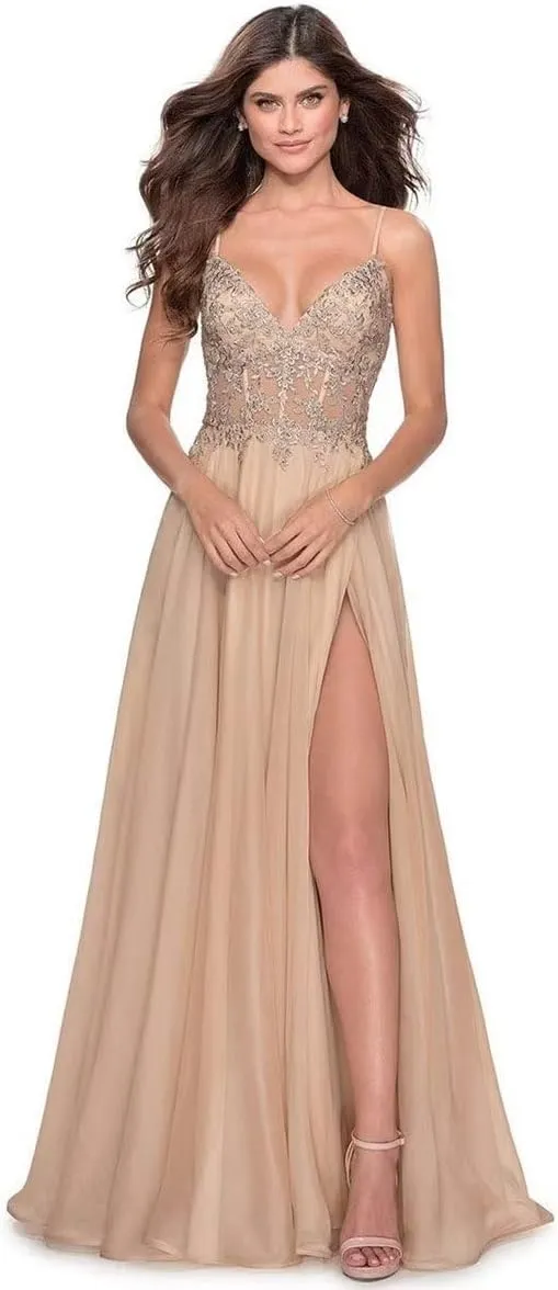Laces Prom Dress for Women Spaghetti Strap V-Neck Chiffon Long Slit Formal Bridesmaid Evening Party Dress CA08