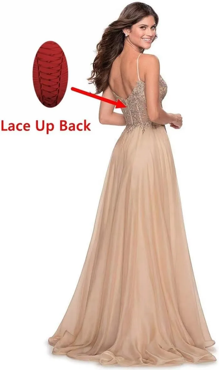 Laces Prom Dress for Women Spaghetti Strap V-Neck Chiffon Long Slit Formal Bridesmaid Evening Party Dress CA08