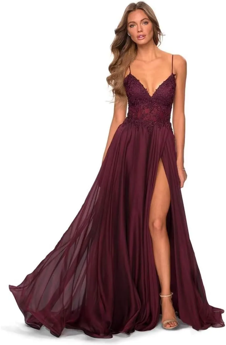 Laces Prom Dress for Women Spaghetti Strap V-Neck Chiffon Long Slit Formal Bridesmaid Evening Party Dress CA08