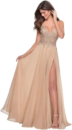 Laces Prom Dress for Women Spaghetti Strap V-Neck Chiffon Long Slit Formal Bridesmaid Evening Party Dress CA08