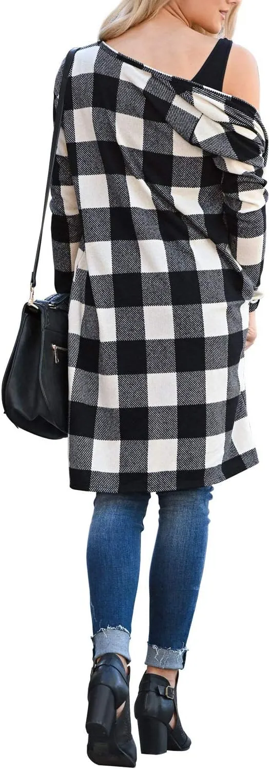 Lacozy Women's Open Front Long Cardigan Draped Snap Buffalo Plaid Shirt Kimono Cardigan Knit Sweater