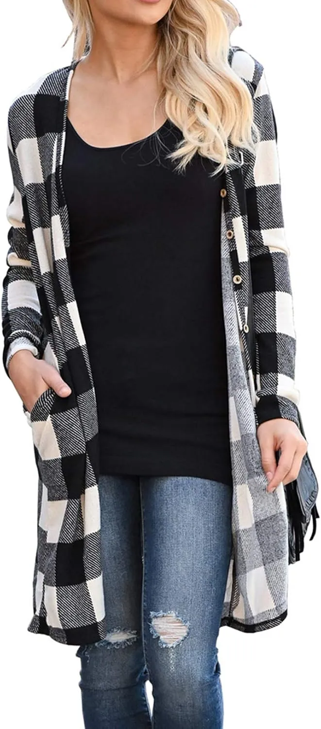Lacozy Women's Open Front Long Cardigan Draped Snap Buffalo Plaid Shirt Kimono Cardigan Knit Sweater