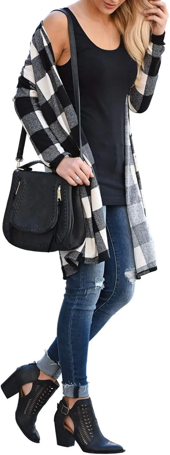 Lacozy Women's Open Front Long Cardigan Draped Snap Buffalo Plaid Shirt Kimono Cardigan Knit Sweater