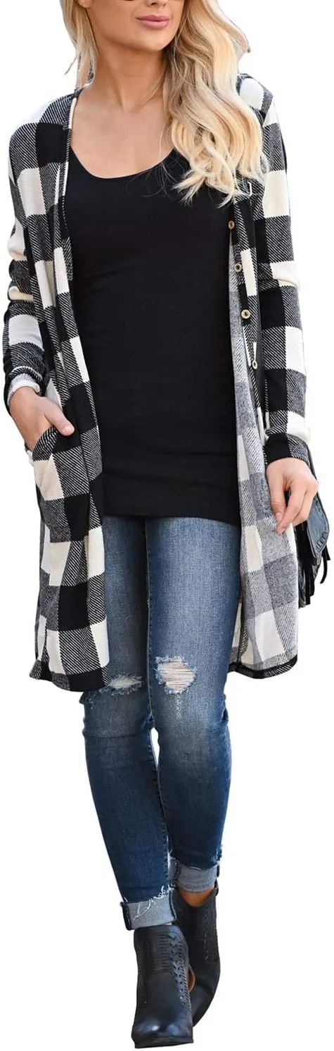 Lacozy Women's Open Front Long Cardigan Draped Snap Buffalo Plaid Shirt Kimono Cardigan Knit Sweater