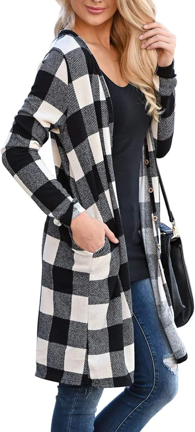 Lacozy Women's Open Front Long Cardigan Draped Snap Buffalo Plaid Shirt Kimono Cardigan Knit Sweater