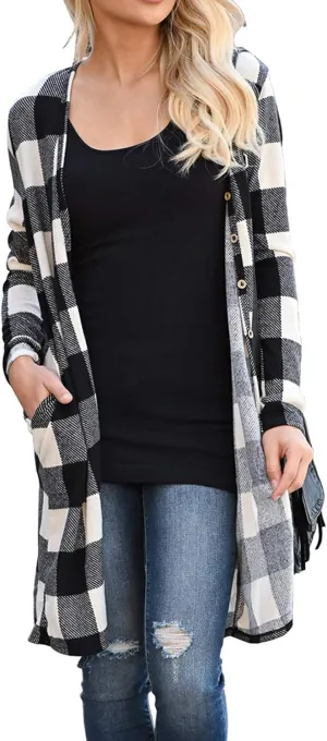 Lacozy Women's Open Front Long Cardigan Draped Snap Buffalo Plaid Shirt Kimono Cardigan Knit Sweater