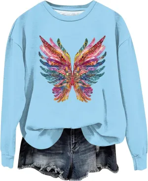 Ladies Long Sleeve Trendy Sweatshirt Dressy Crewneck Tee Casual Fashion Wing Print Tshirt Fall Pollover Trendy Tops