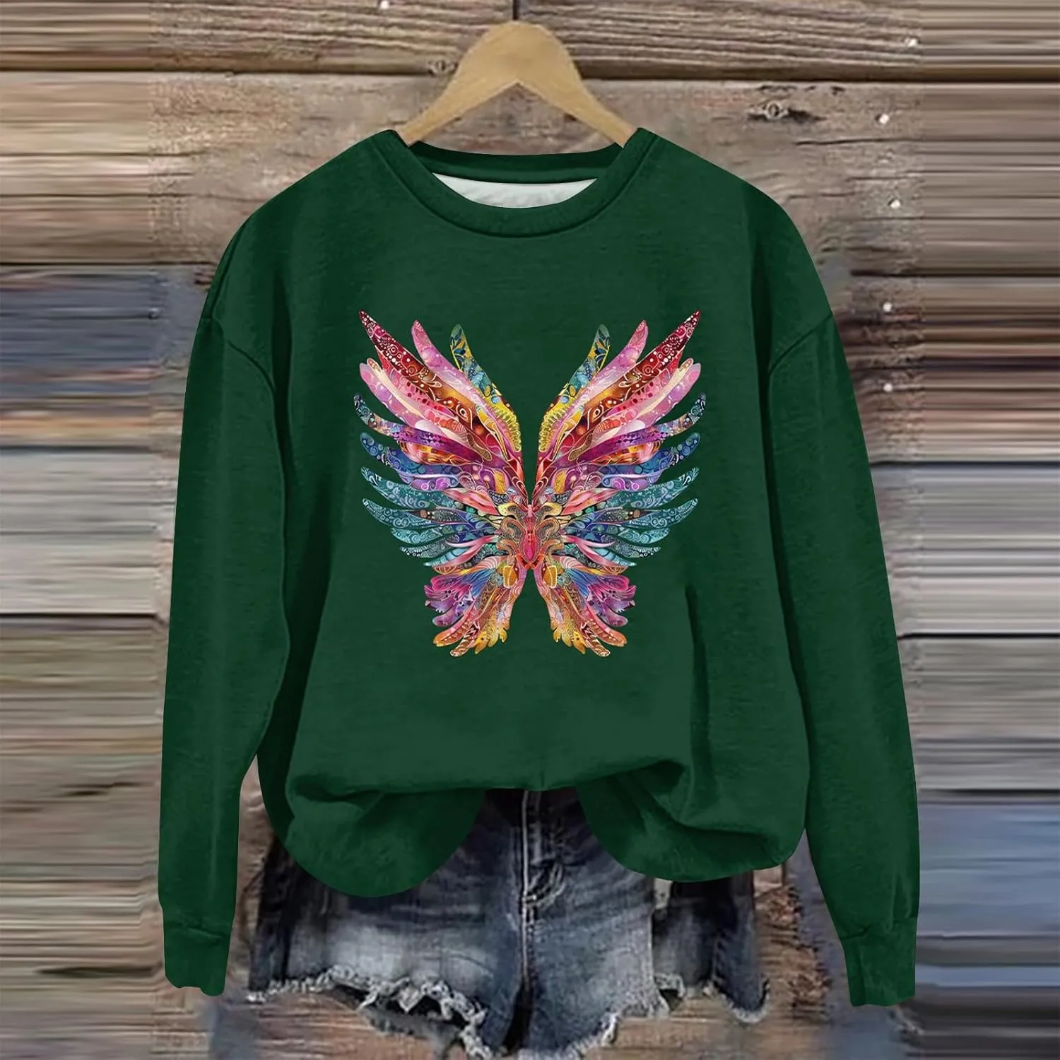 Ladies Long Sleeve Trendy Sweatshirt Dressy Crewneck Tee Casual Fashion Wing Print Tshirt Fall Pollover Trendy Tops