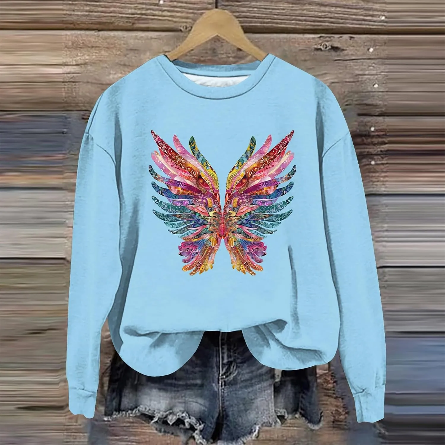 Ladies Long Sleeve Trendy Sweatshirt Dressy Crewneck Tee Casual Fashion Wing Print Tshirt Fall Pollover Trendy Tops